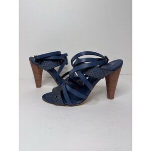 Tod’s Blue 4” Heel Leather Ankle Strappy Tie Sandal 38 Size 8 MINT